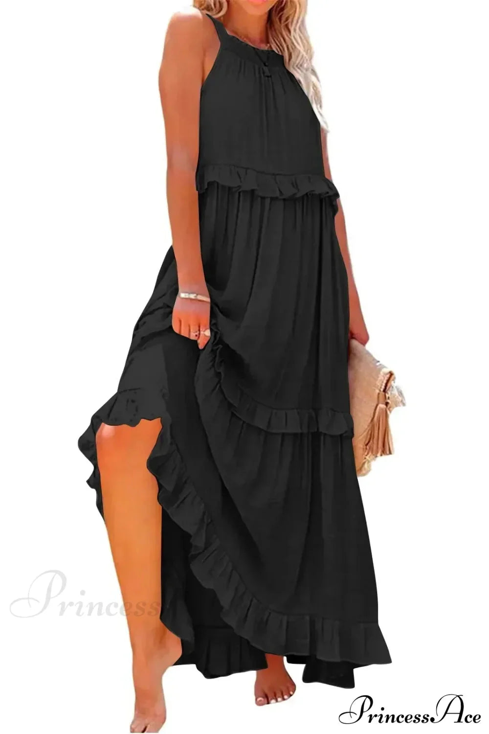 Ruffles Sexy Split Halter Sleeveless Big Hem Maxi Boho Dress
