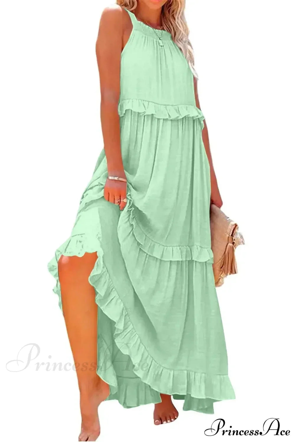 Ruffles Sexy Split Halter Sleeveless Big Hem Maxi Boho Dress