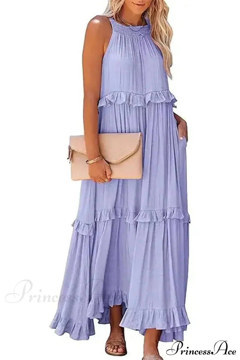 Ruffles Sexy Split Halter Sleeveless Big Hem Maxi Boho Dress