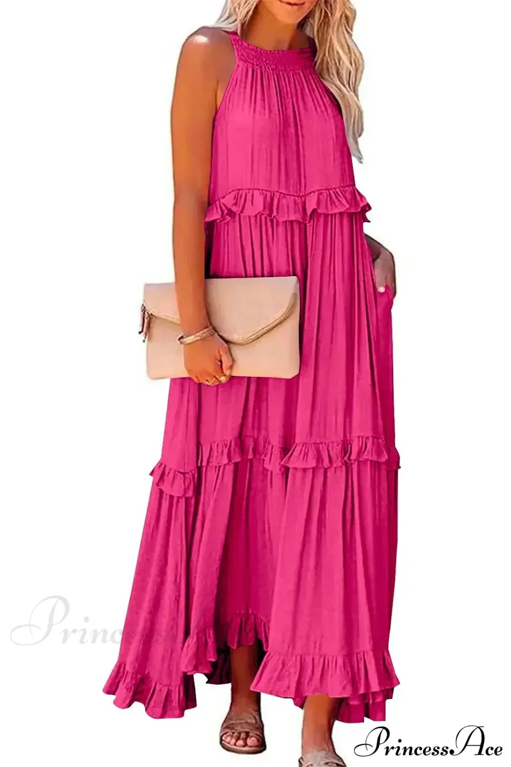 Ruffles Sexy Split Halter Sleeveless Big Hem Maxi Boho Dress