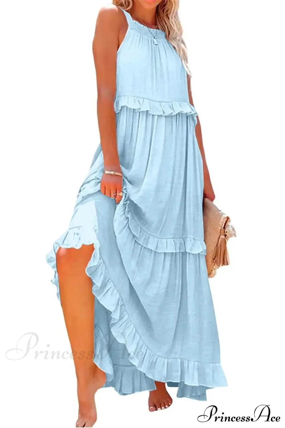 Ruffles Sexy Split Halter Sleeveless Big Hem Maxi Boho Dress
