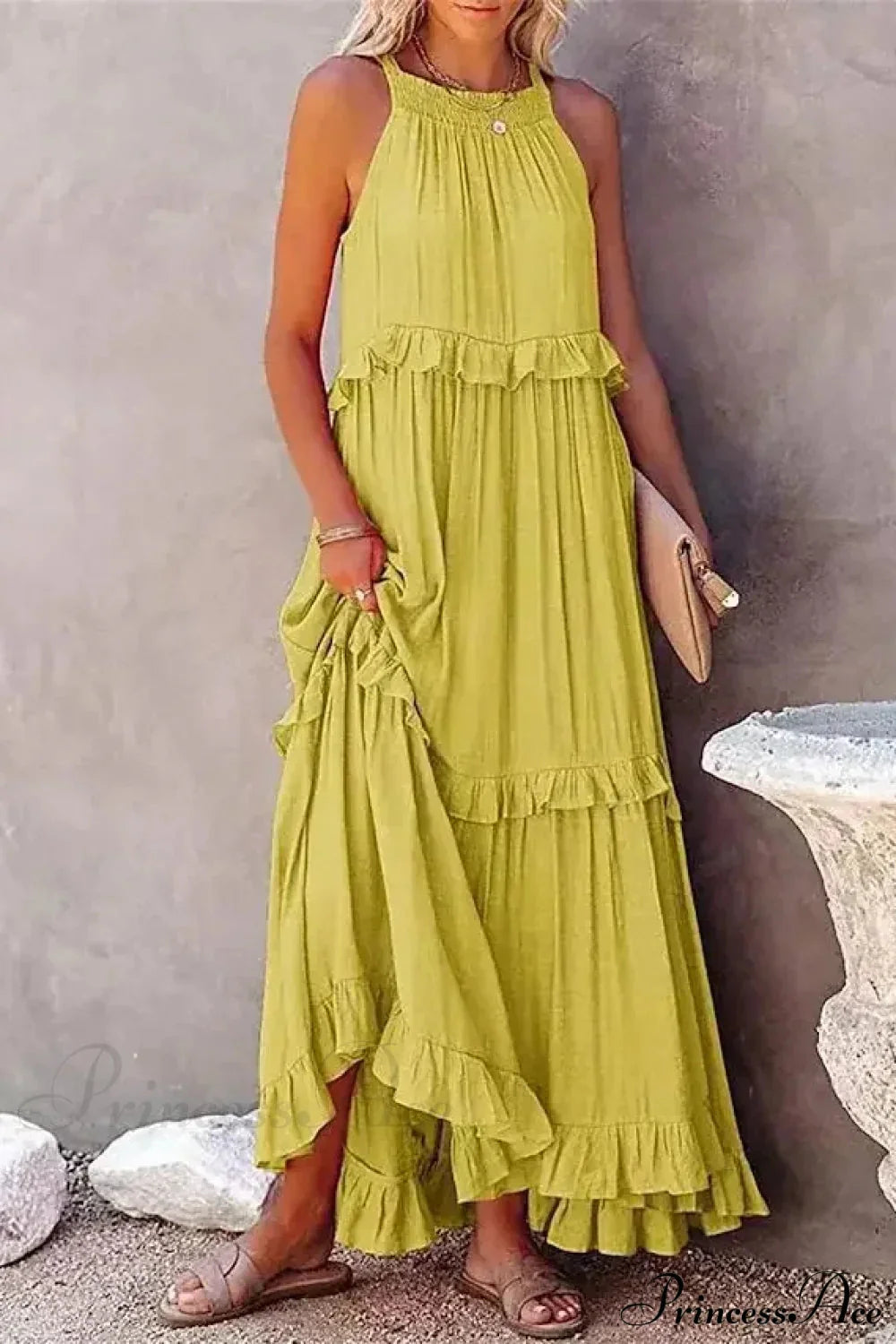 Ruffles Sexy Split Halter Sleeveless Big Hem Maxi Boho Dress