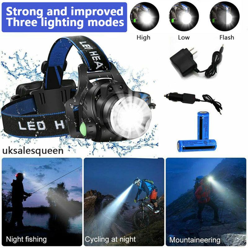 990000LM Rechargeable LED Headlamp Zoomable Torch Tactical Headlight Flashlight