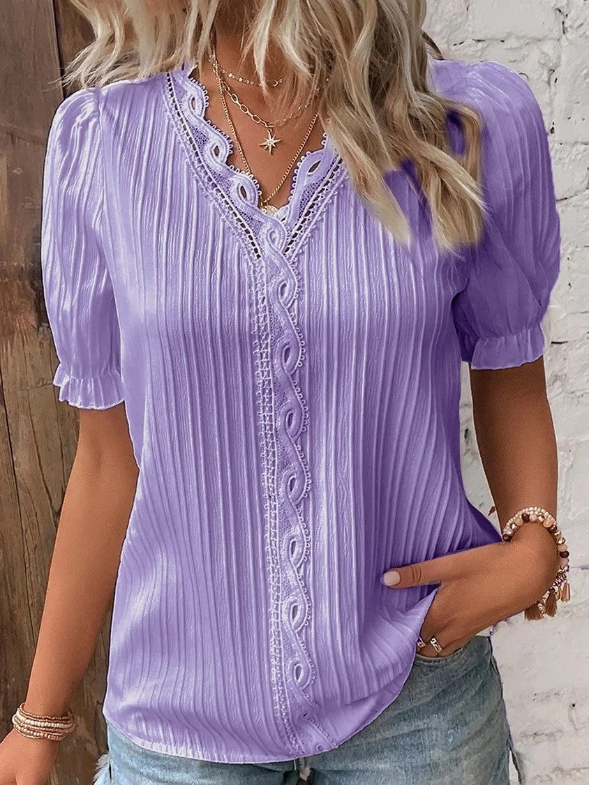 Strong Attractive Plunge Neck Join Short Sleeve Blouse
