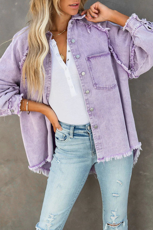 Oversized Frayed Denim Shirt Jacket for Casual Style