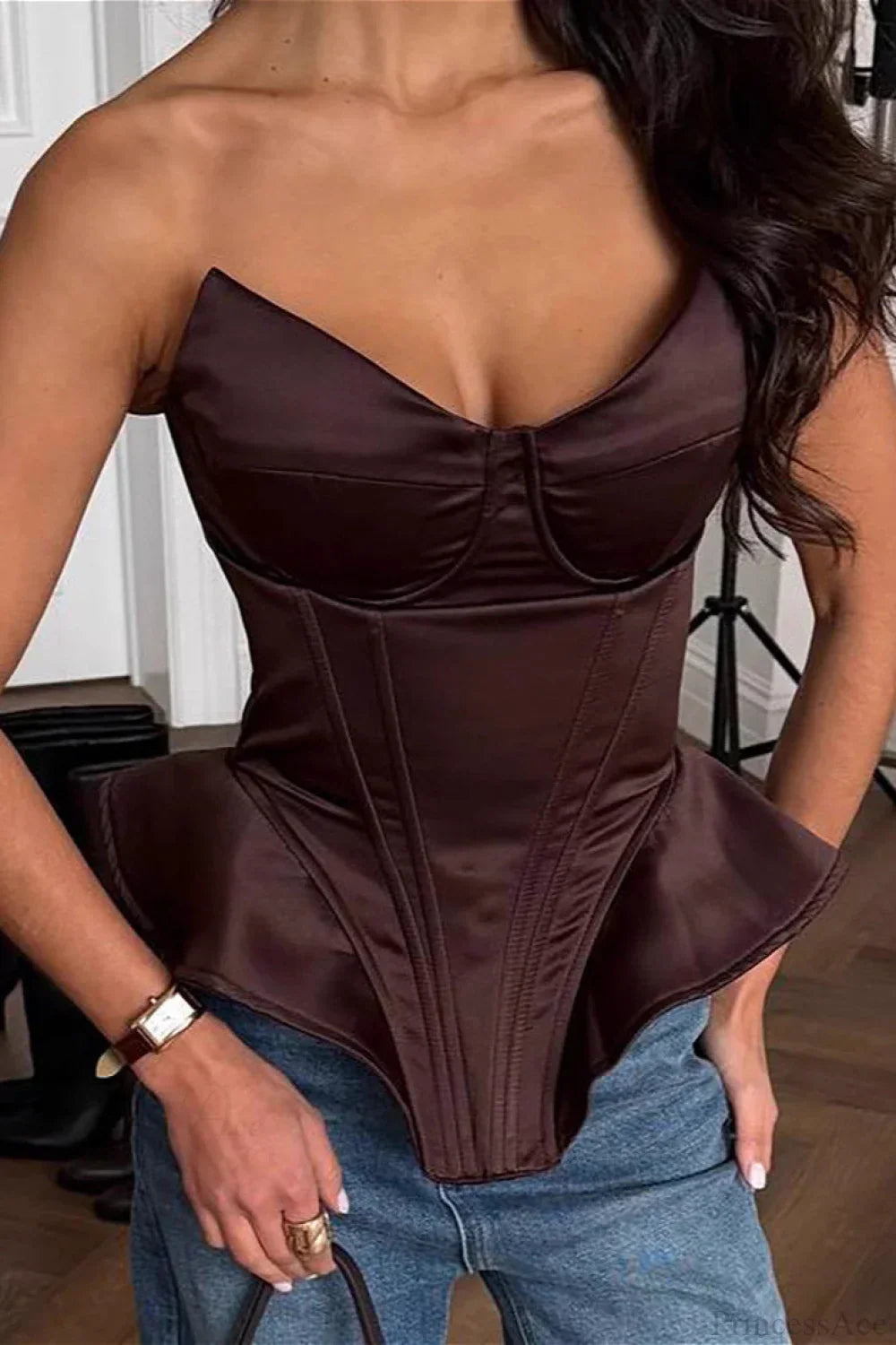 Model in satin boned fitted bustier corset from Hicosy — view 4