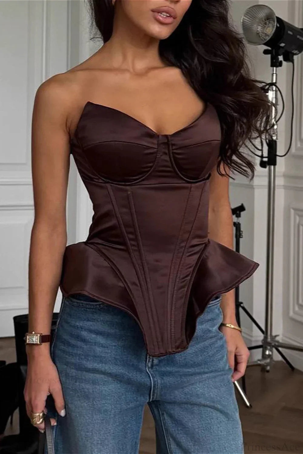 Model in satin boned fitted bustier corset from Hicosy — view 3
