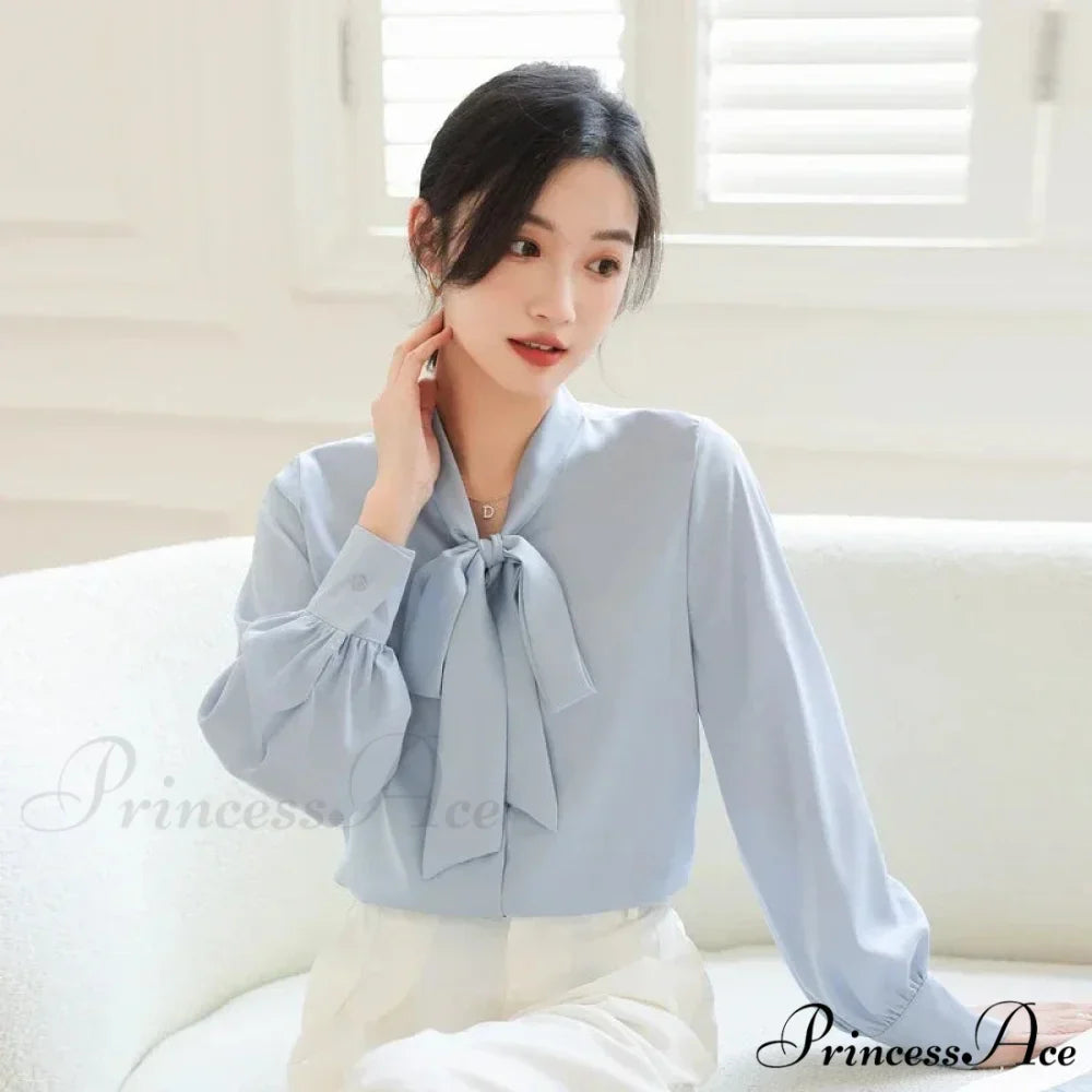 Satin Champagne Ribbon Long Sleeve Professional Woman Blouse