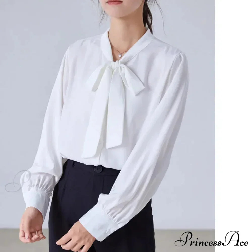 Satin Champagne Ribbon Long Sleeve Professional Woman Blouse