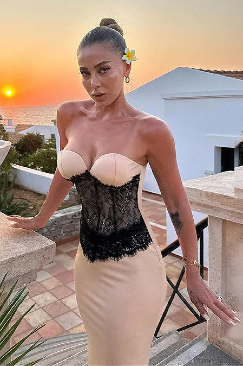 Woman wearing Champagne Satin Lace-Panel Party Dress from Hicosy