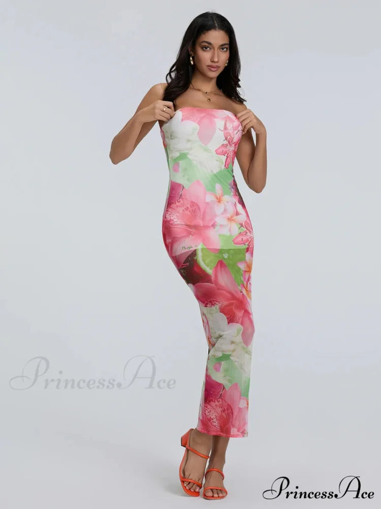 Seductive Bandeau Bodycon Off-The-Shoulder Open-Back Sheath Floral Night Gown