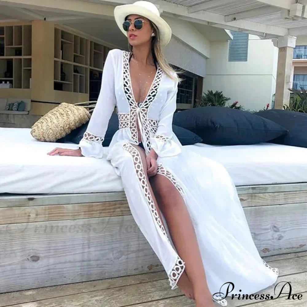 Seductive Deep Plunge Ivory Lace Bohemian Kimono Swimsuit Cover up