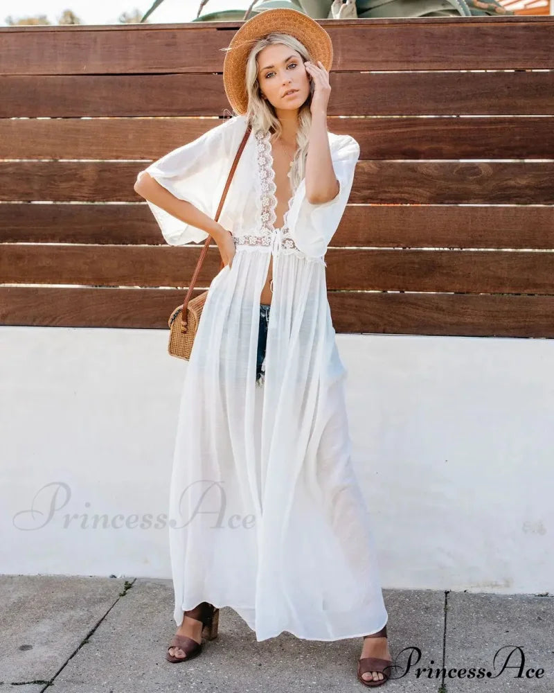 Seductive Deep Plunge Ivory Lace Bohemian Kimono Swimsuit Cover up