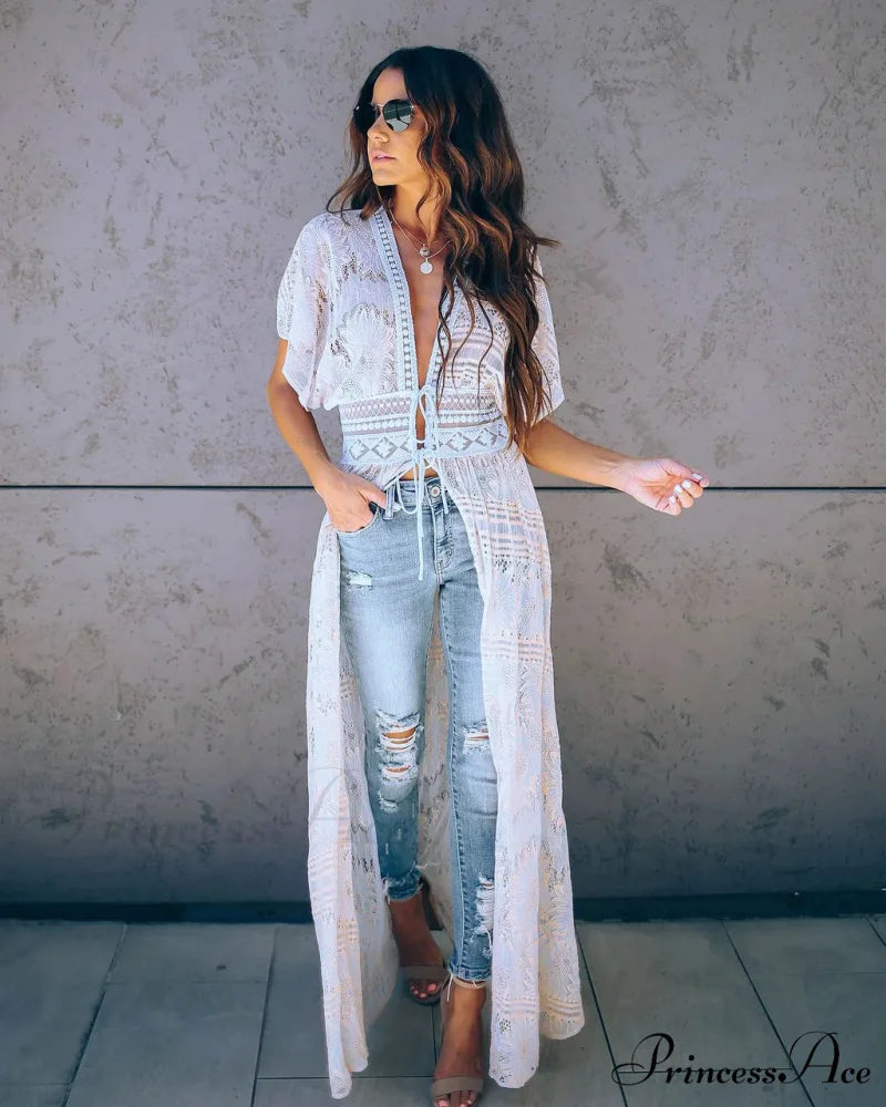 Seductive Deep Plunge Ivory Lace Bohemian Kimono Swimsuit Cover up