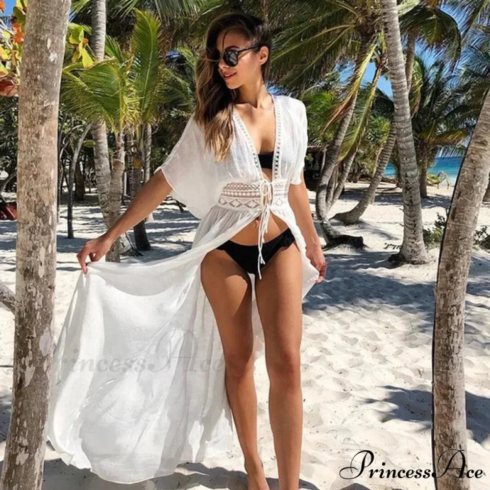 Seductive Deep Plunge Ivory Lace Bohemian Kimono Swimsuit Cover up