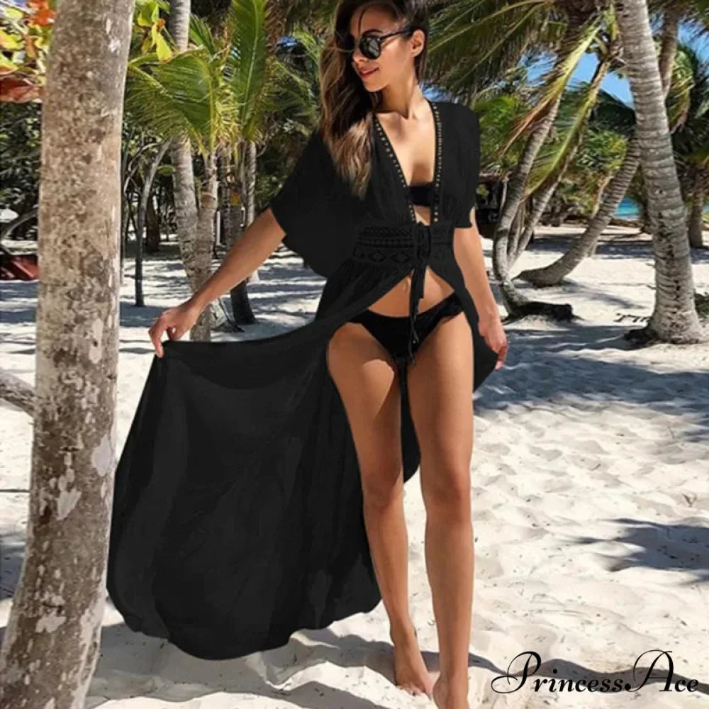 Seductive Deep Plunge Ivory Lace Bohemian Kimono Swimsuit Cover up