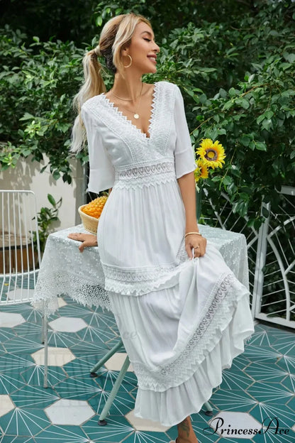 Seductive Deep Plunge Open-back Cotton Lace Dress