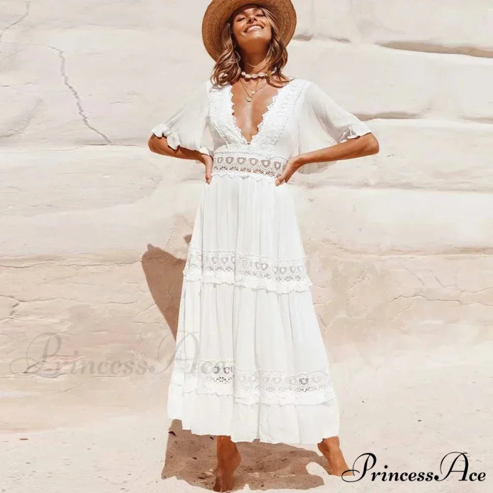 Seductive Deep Plunge Open-back Cotton Lace Dress