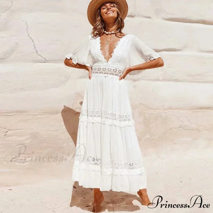Seductive Deep Plunge Open-back Cotton Lace Dress