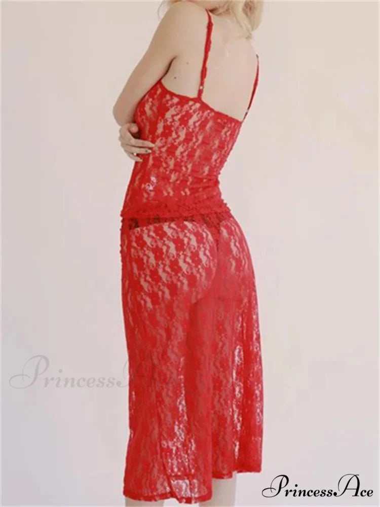 Seductive Flowered Lace Strap Tank Camis Crop Top with Sheer Long Skirt Set