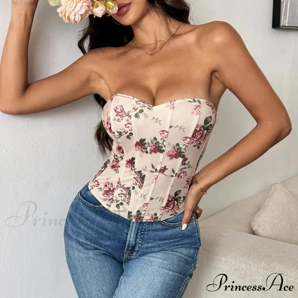 Seductive Lace Blossom Design Corset Deep V-Neck Tank Top