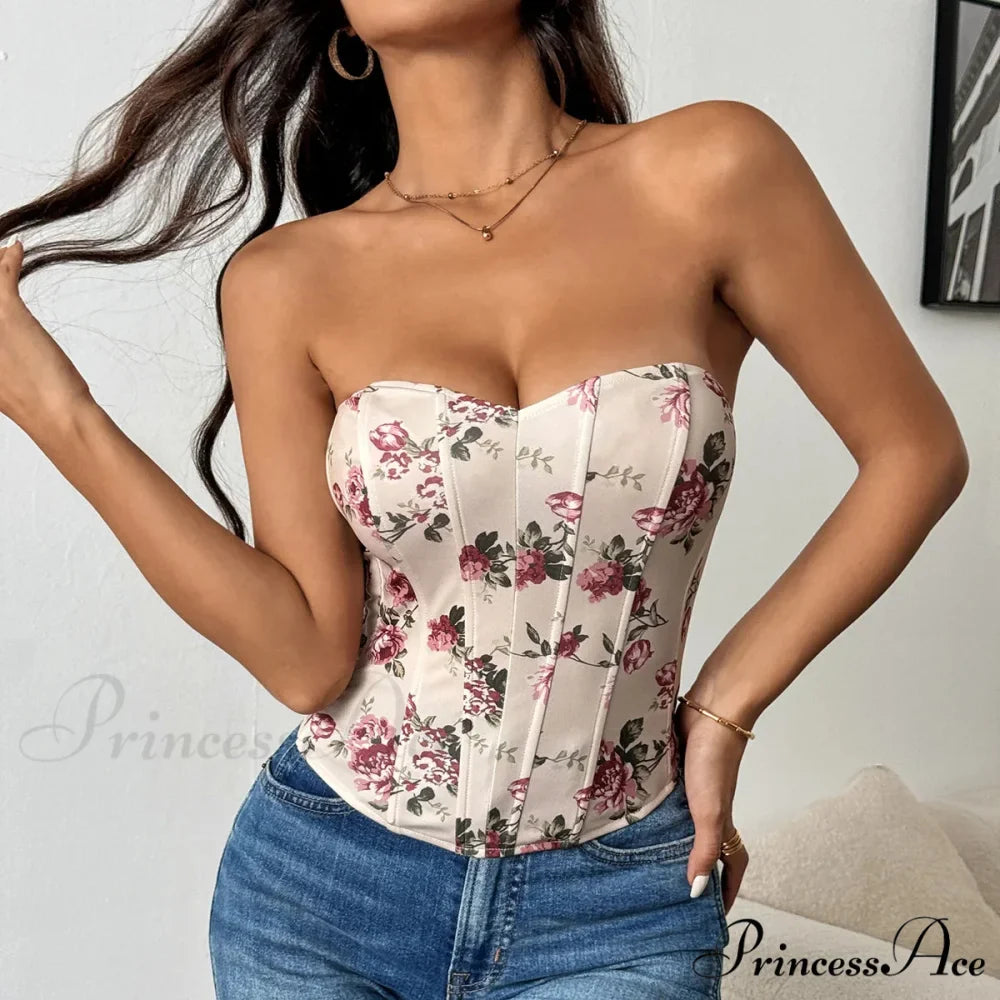 Seductive Lace Blossom Design Corset Deep V-Neck Tank Top