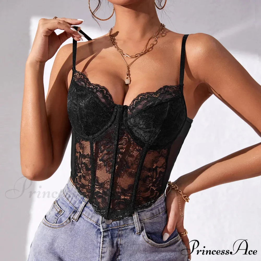 Seductive Lace Fishbone Open-Back Transparent Corset Crop Top