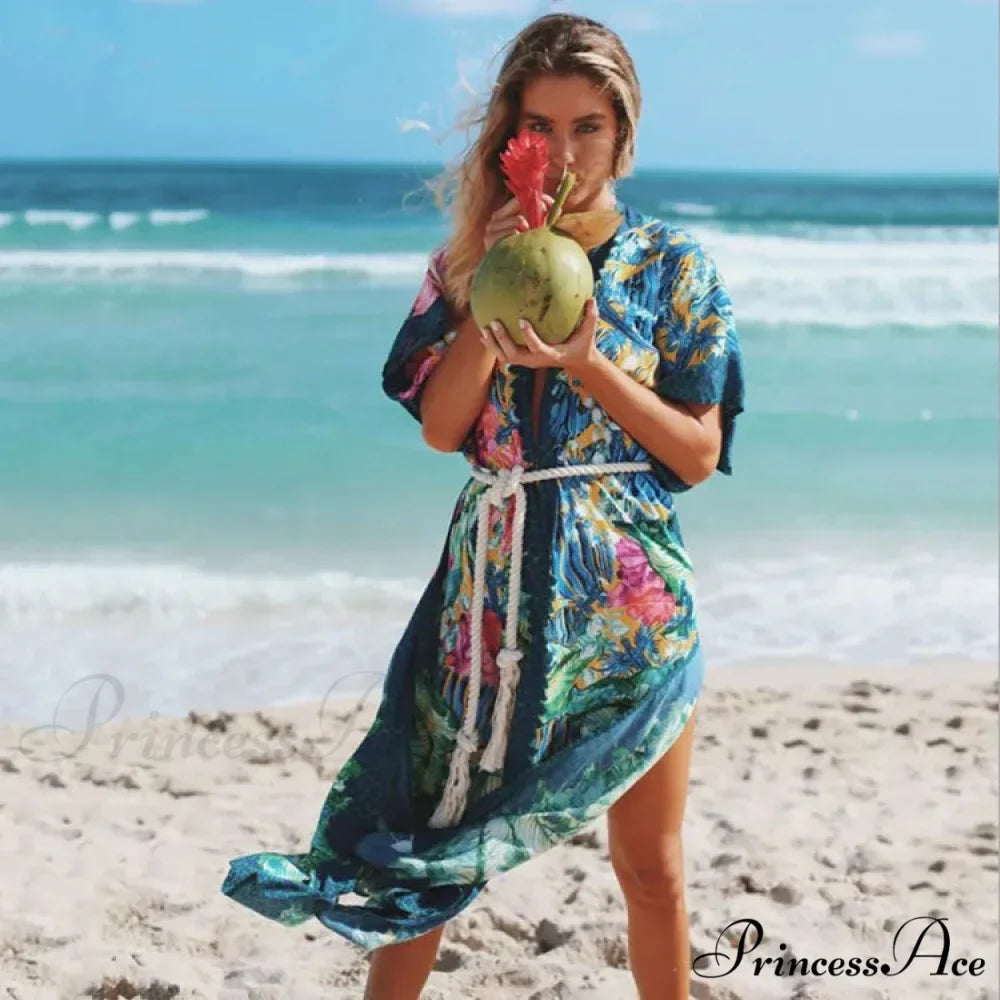 Seductive Side Split Beach Kaftan Tunic Boho Floral Print Summer Dress