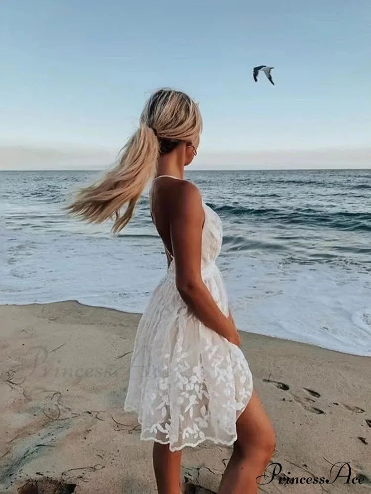 Seductive Spaghetti Strap Ivory Embroidered Lace Floral Dress