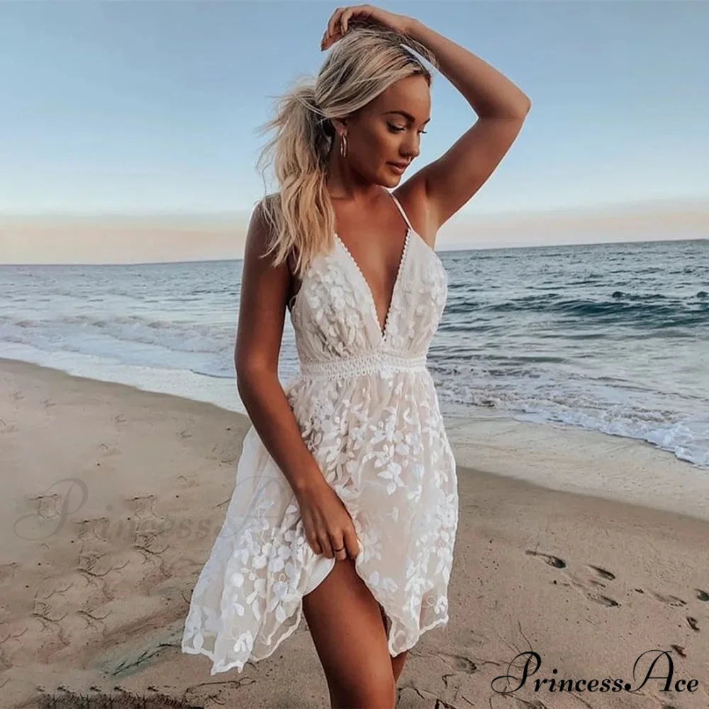 Seductive Spaghetti Strap Ivory Embroidered Lace Floral Dress