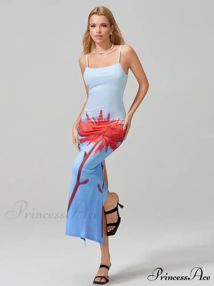 Seductive Spaghetti Straps Bodycon O-neck Wrap Cami Floral Dress