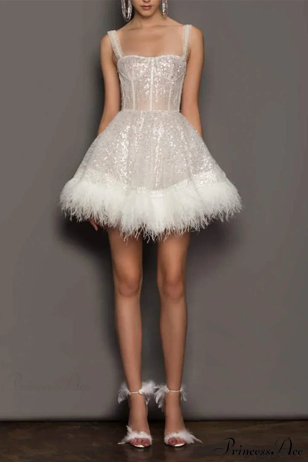 Woman wearing Feather-Trim Strapless Sequin Dress from Hicosy — view 3
