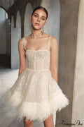 Woman wearing Feather-Trim Strapless Sequin Dress from Hicosy