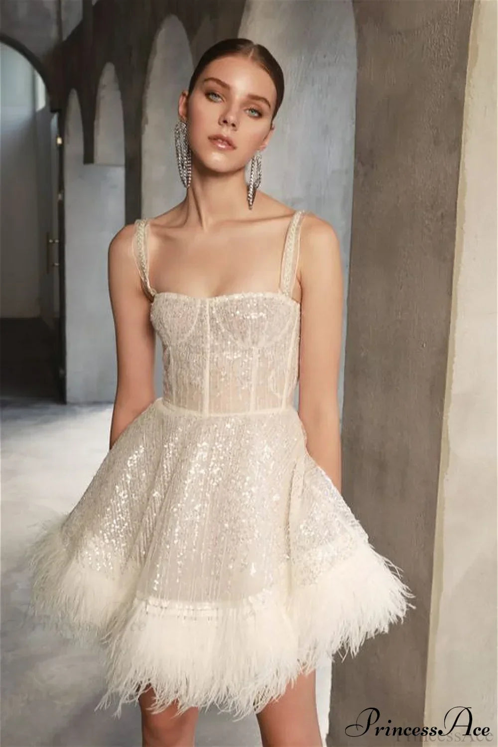 Woman wearing Feather-Trim Strapless Sequin Dress from Hicosy