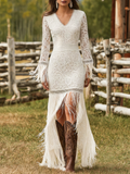 Floral Lace V-Neck Fringe Hem Long Sleeve Maxi Dress - Formal Evening Gown