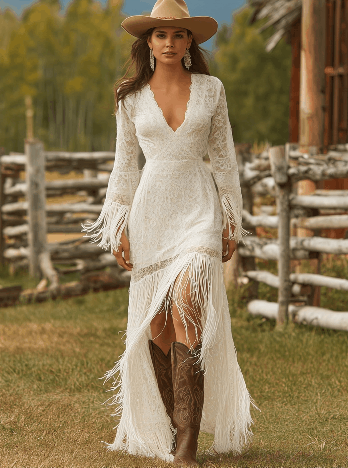 Floral Lace V-Neck Fringe Hem Long Sleeve Maxi Dress - Formal Evening Gown