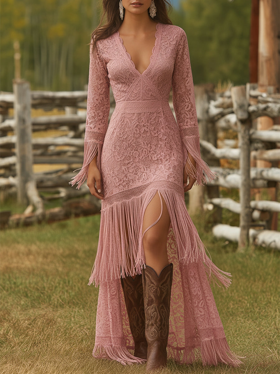 Floral Lace V-Neck Fringe Hem Long Sleeve Maxi Dress - Formal Evening Gown