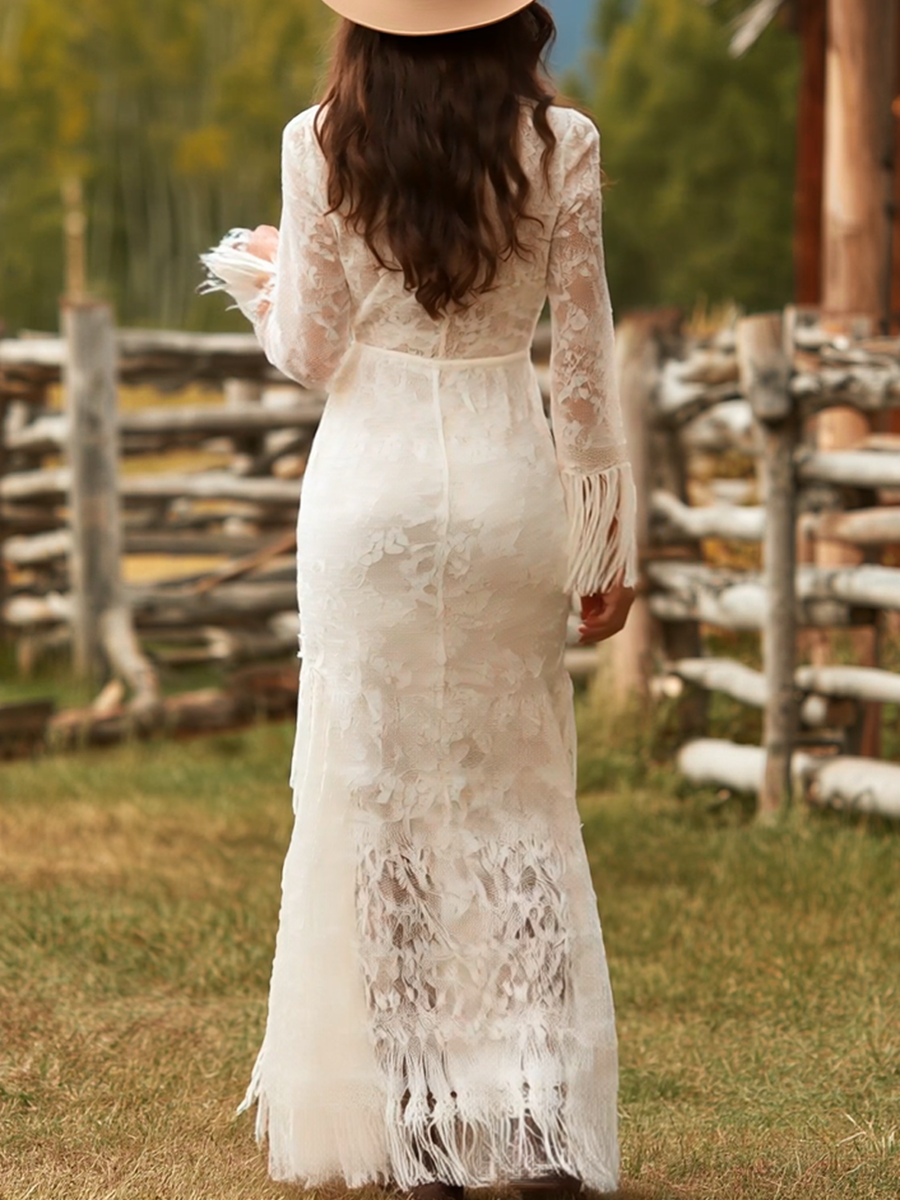 Floral Lace V-Neck Fringe Hem Long Sleeve Maxi Dress - Formal Evening Gown