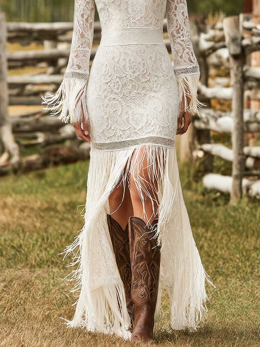 Floral Lace V-Neck Fringe Hem Long Sleeve Maxi Dress - Formal Evening Gown