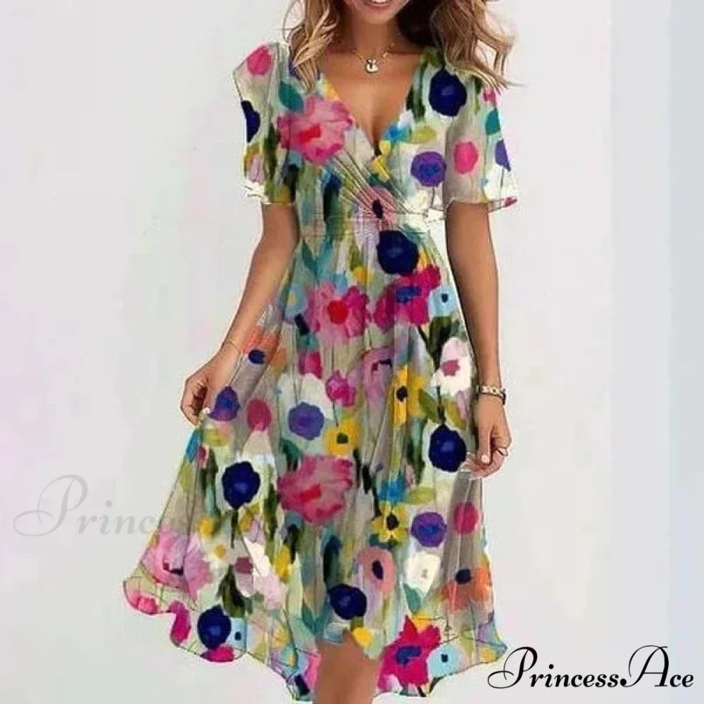 Sheer Blossom Pattern Plunging Neckline Dress
