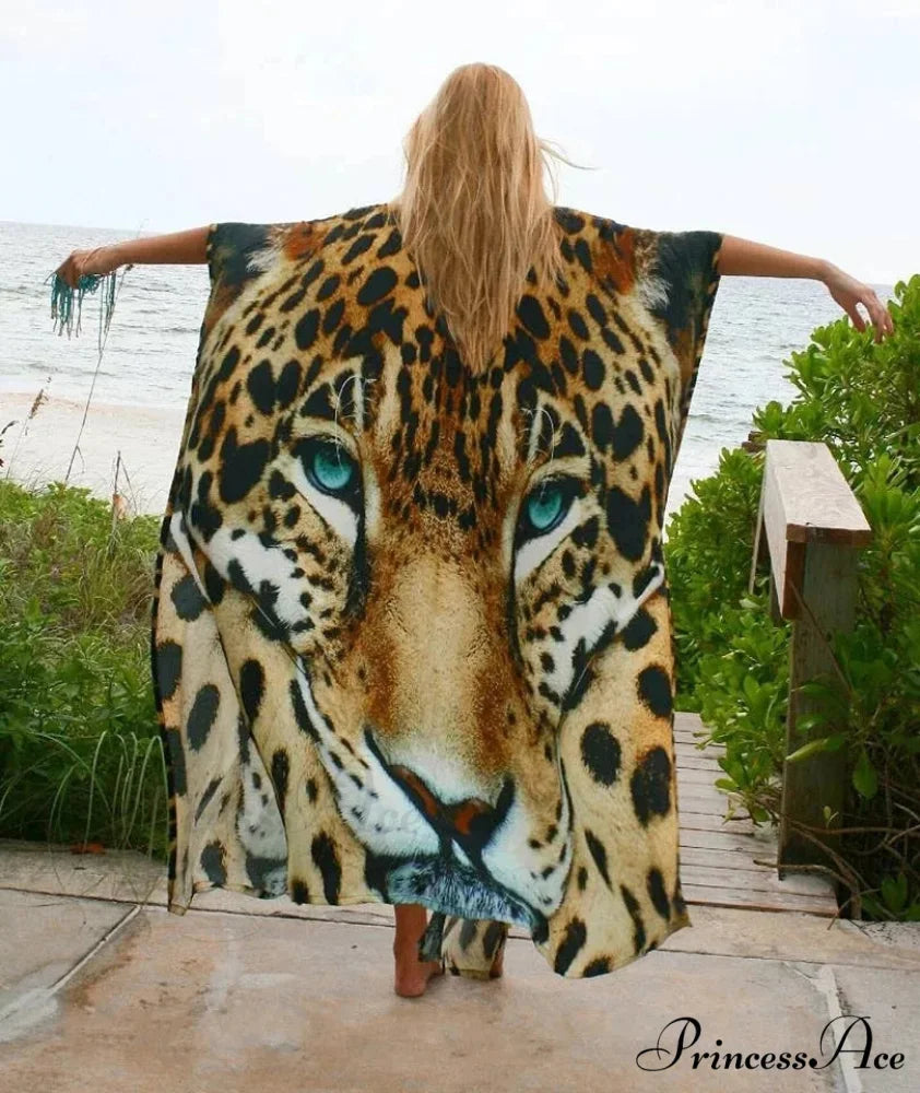 Sheer Cheetah Pattern Kimono Hippie Swimsuit Cover Up