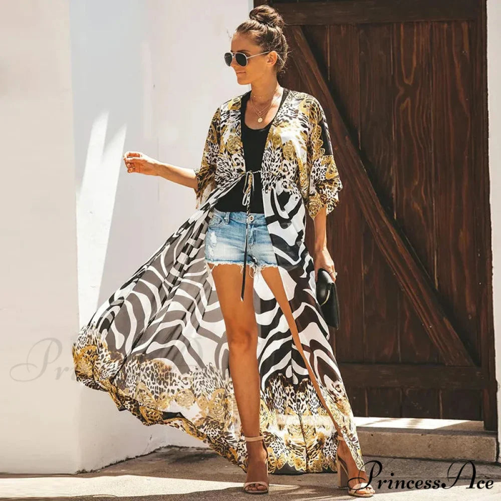 Sheer Cheetah Pattern Kimono Hippie Swimsuit Cover Up