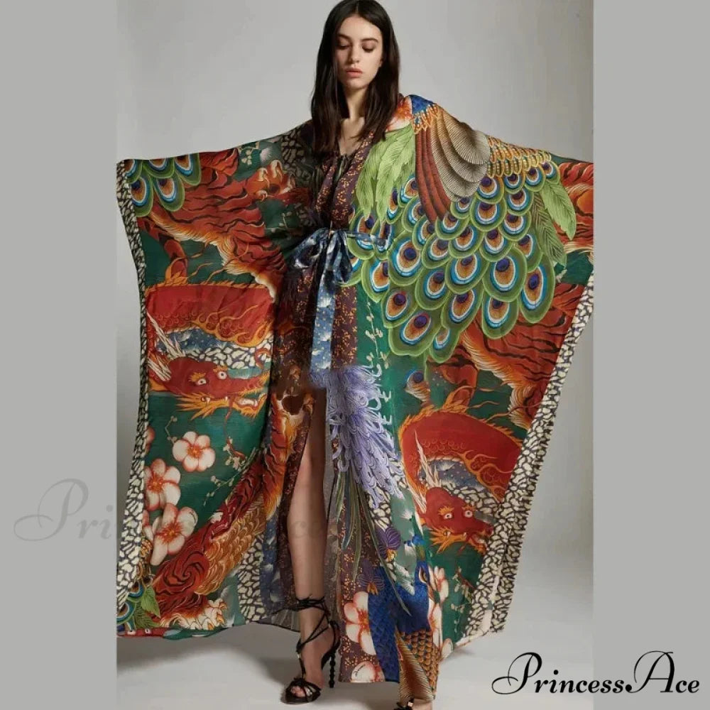 Sheer Cultural Peacock Design Long Cardigan Bohemian Cover up