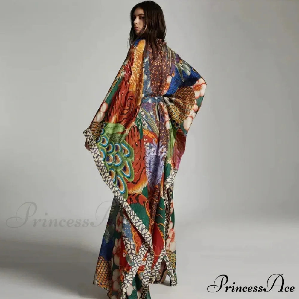 Sheer Cultural Peacock Design Long Cardigan Bohemian Cover up