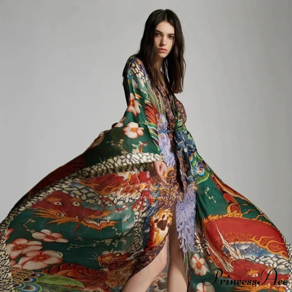Sheer Cultural Peacock Design Long Cardigan Bohemian Cover up