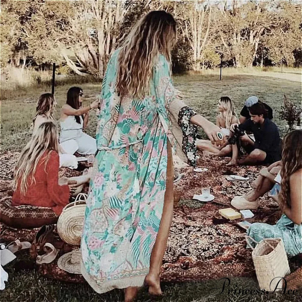 Sheer Flower Pattern Extended Sleeve Bohemian Wrap