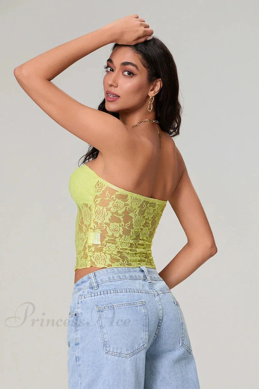Sheer Lace Off-shoulder Strapless Low Cut Bandeau Top