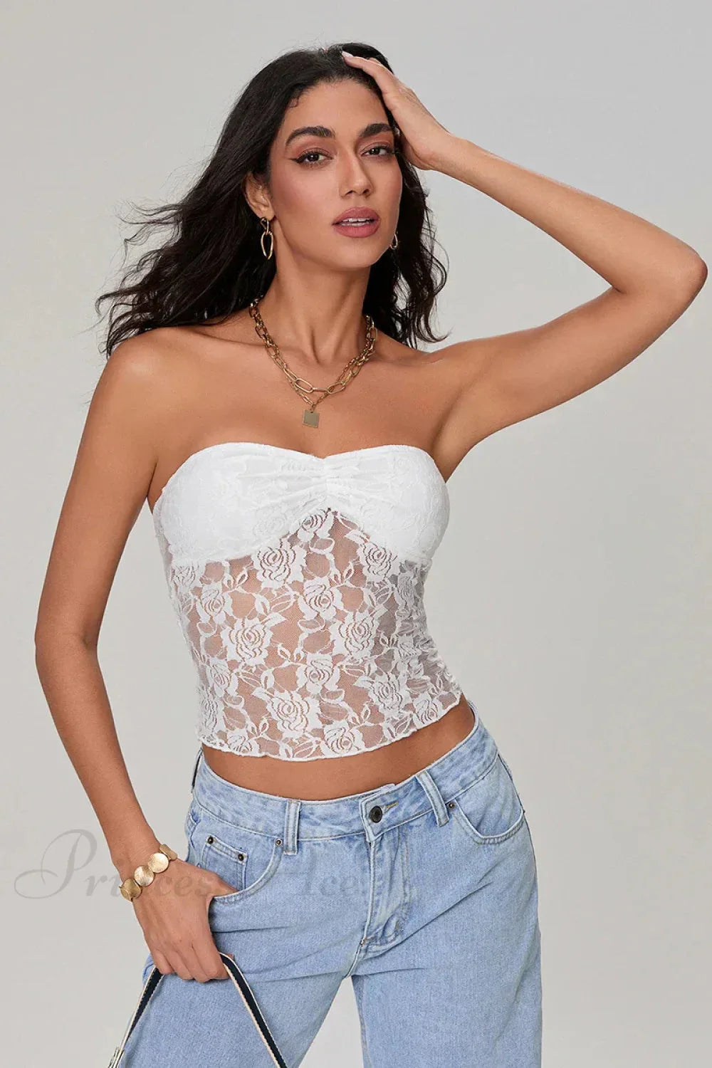 Sheer Lace Off-shoulder Strapless Low Cut Bandeau Top