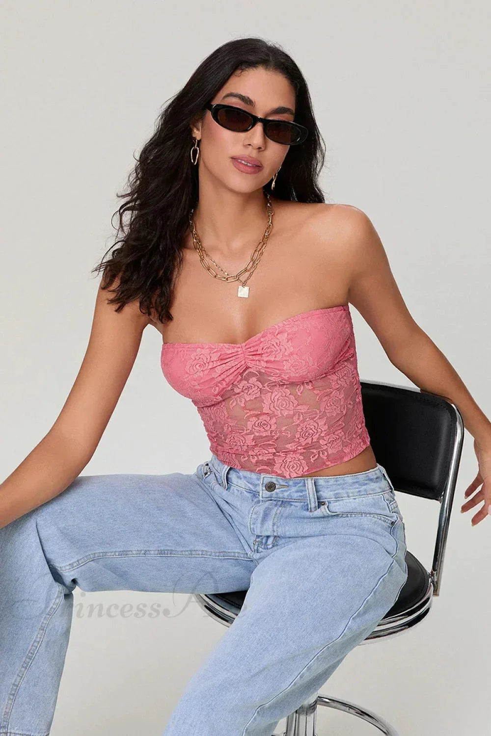 Sheer Lace Off-shoulder Strapless Low Cut Bandeau Top