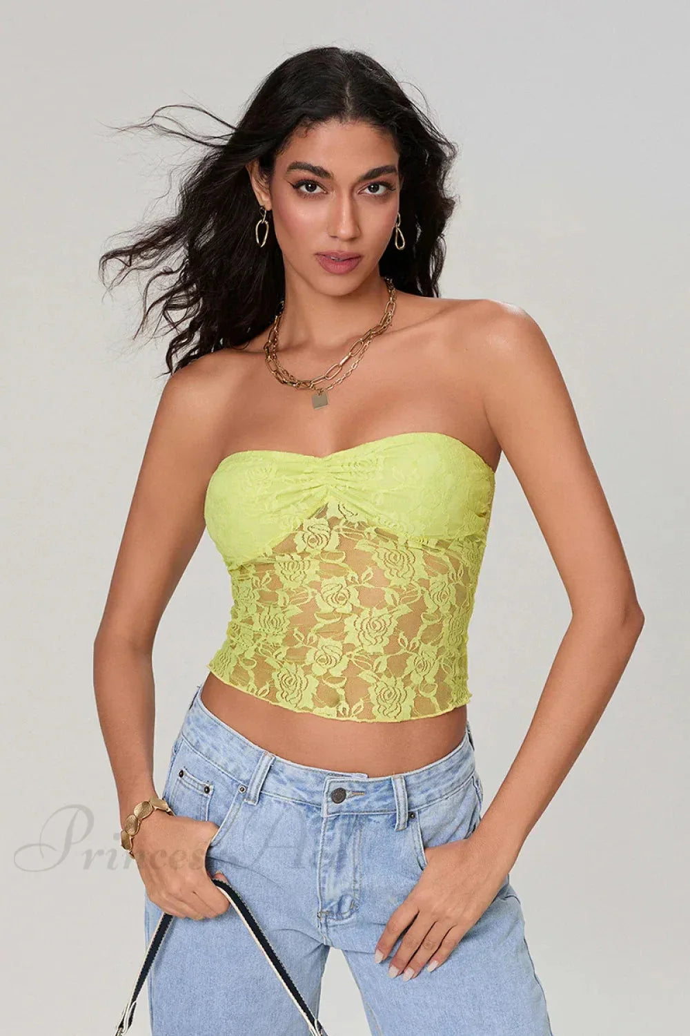 Sheer Lace Off-shoulder Strapless Low Cut Bandeau Top